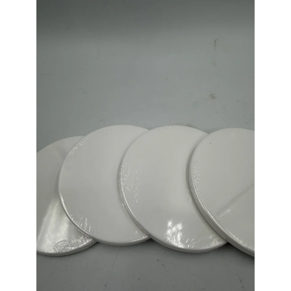 Set Of 4 Sealed Ceramic White Disc Coasters 3.5in Rounds 1/4